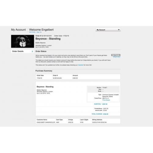 Beyonce General admission Wembley 3 July