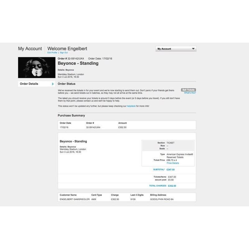 Beyonce General admission Wembley 3 July