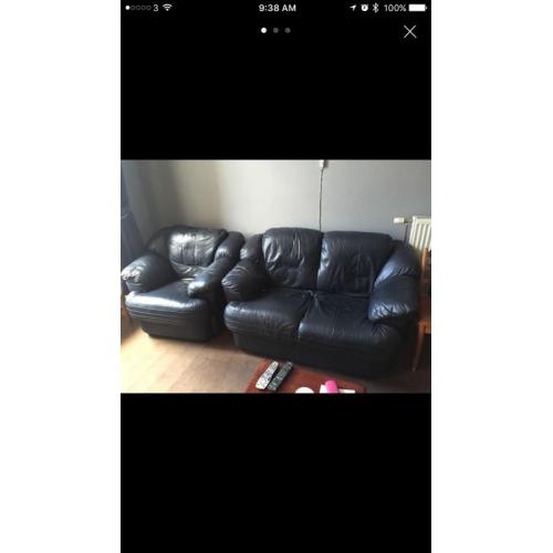 Dark navy blue leather sofas. 2+1