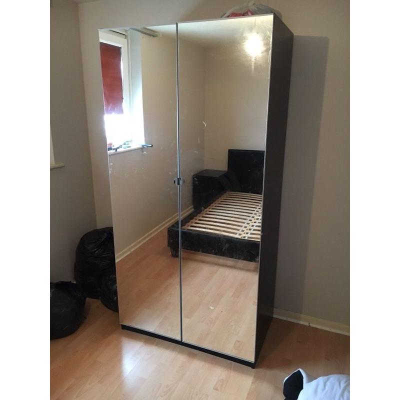 MIRROR DOUBLE DOOR WARDROBE with BLACK DOUBLE BED AND 2 bedside cupboards