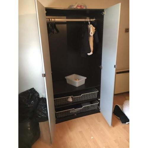 MIRROR DOUBLE DOOR WARDROBE with BLACK DOUBLE BED AND 2 bedside cupboards
