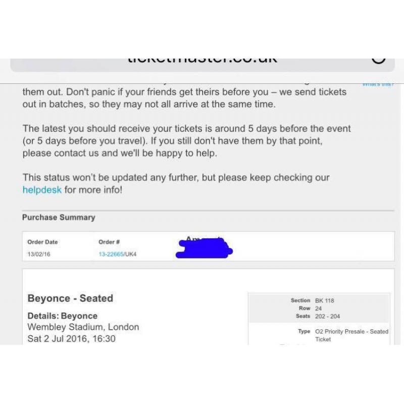 3 BEYONCE WEMBLEY STADIUM SEATED TICKETS LOWER TIER SECTION BK118