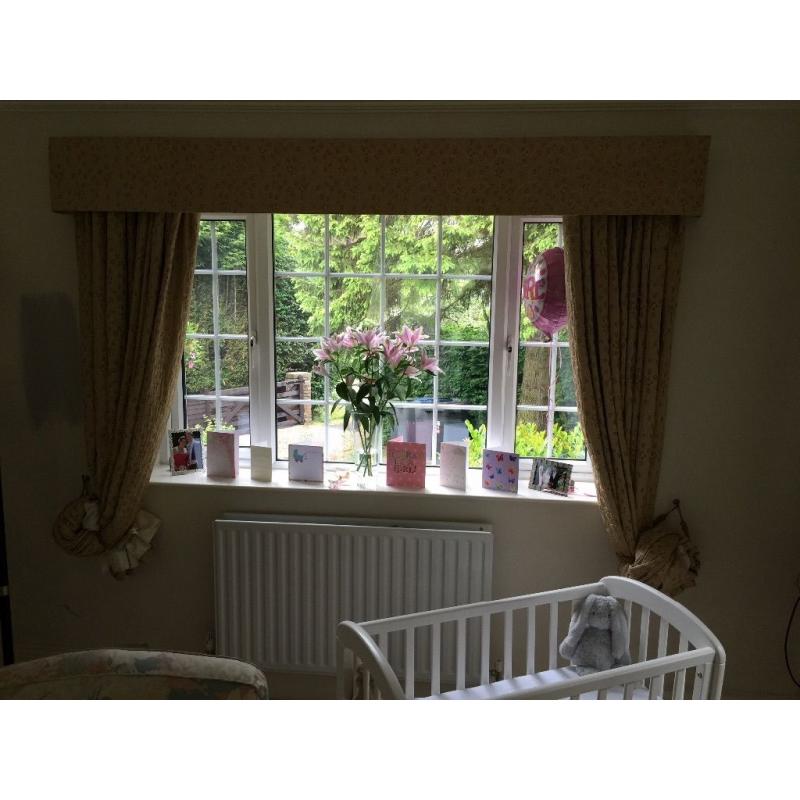 Four sets of curtains, pelmet and rails