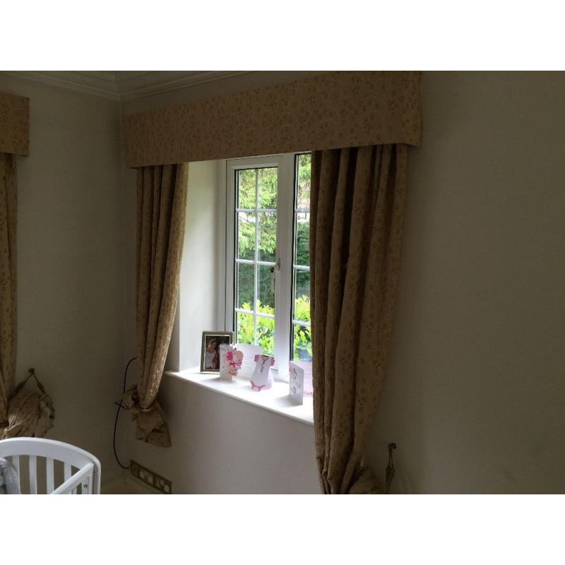 Four sets of curtains, pelmet and rails