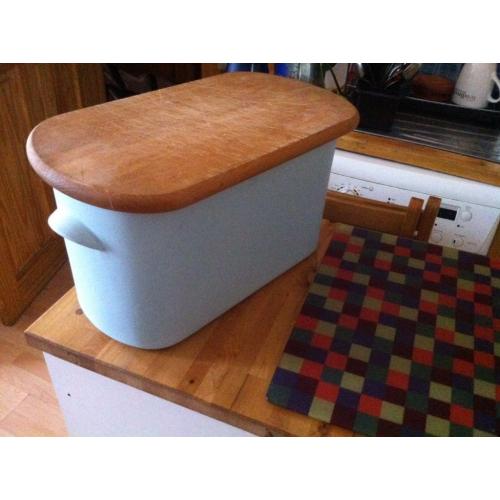 Nigella Lawson Blue Ceramic Bread Bin with Wooden Breadboard Lid
