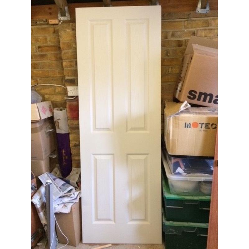 INTERIOR WOOD FOUR-PANEL DOORS, BRAND NEW X 2 198cm x 168.5cm (6'6" x 2'3")