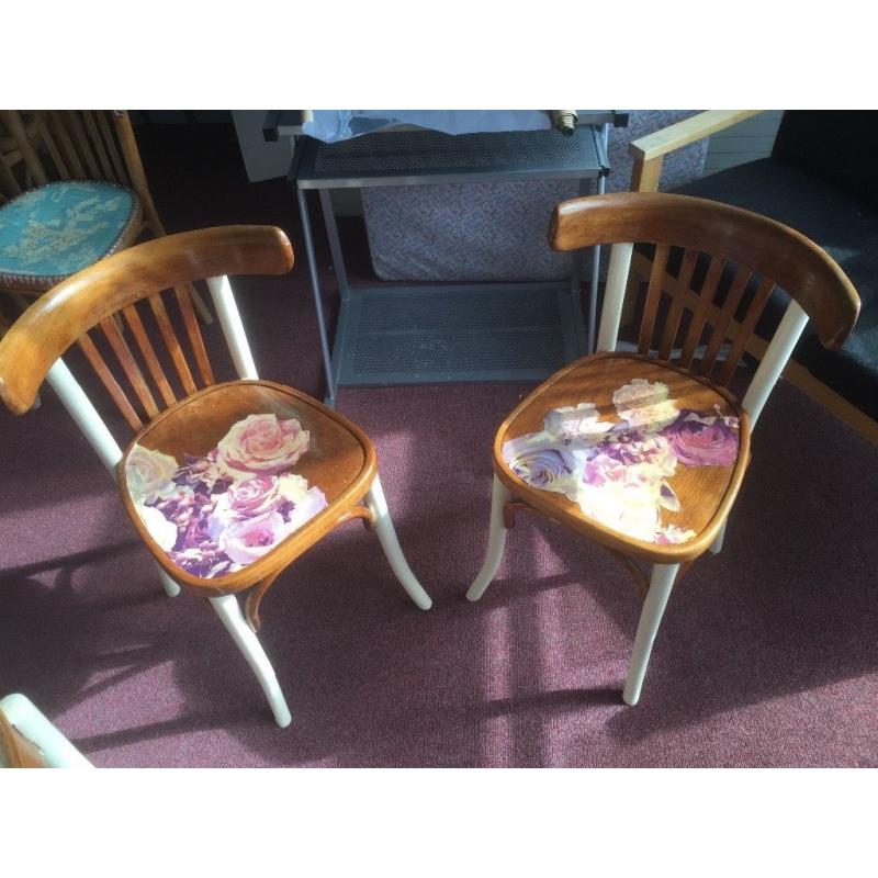 2 decoupaged floral bentwood chairs & old gun box