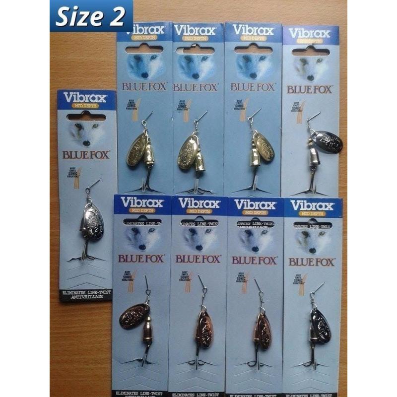 9 x Blue Fox Vibrax Fishing Spinners Lures Brown Trout Pike, Salmon, Rainbow Sea Fishing mix Colours