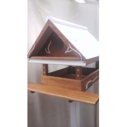 Tall wooden bird house and feeder white red and brown with hand painted touches