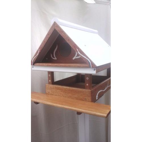 Tall wooden bird house and feeder white red and brown with hand painted touches