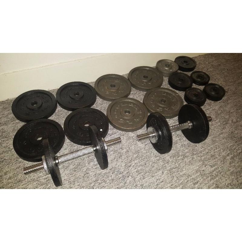 Gold's Gym sure-lock dumbbell set, ez curl bar and weight plates
