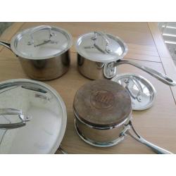 SET OF THREE QUALITY SAUCEPANS AND FRYING PAN ALL WITH LIDS COPPER BOTTOMS