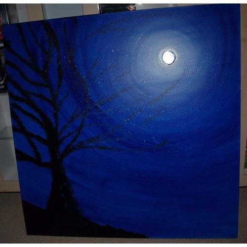 Canvas Painting of Silver Moon and Starry Evening Scene
