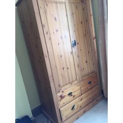 Lovely Solid Pine Double Wardrobe With 3 Drawer, Rail And Shoe Rack