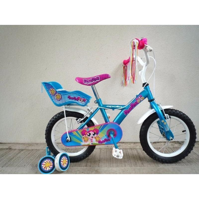 (2092) 14" 9" APOLLO POMPOM Girls Kids Childs Bike Bicycle + STABILISERS; Age: 3-5; Height: 95-110cm