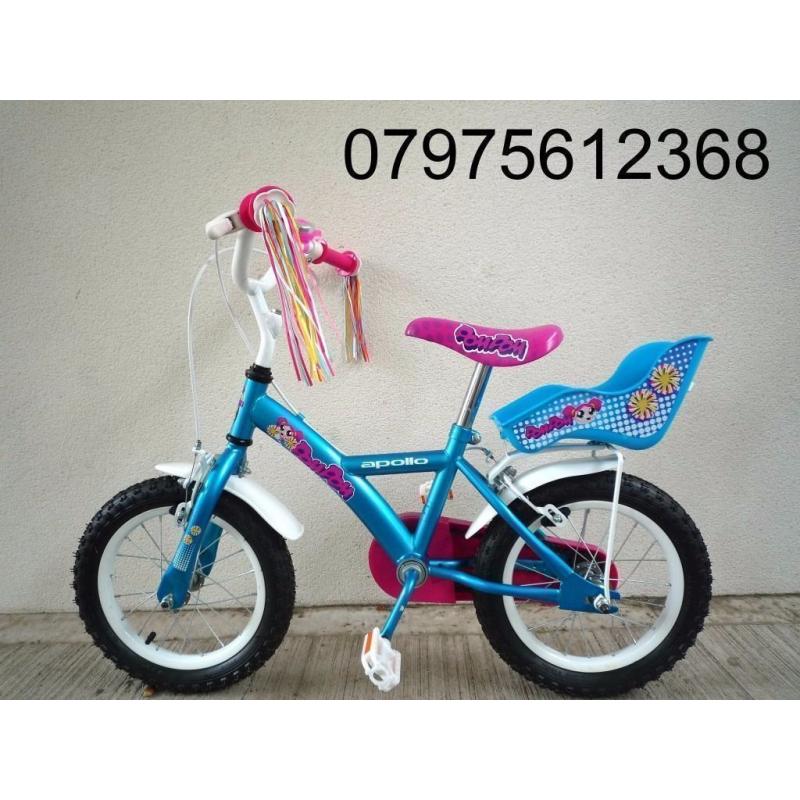 (2092) 14" 9" APOLLO POMPOM Girls Kids Childs Bike Bicycle + STABILISERS; Age: 3-5; Height: 95-110cm