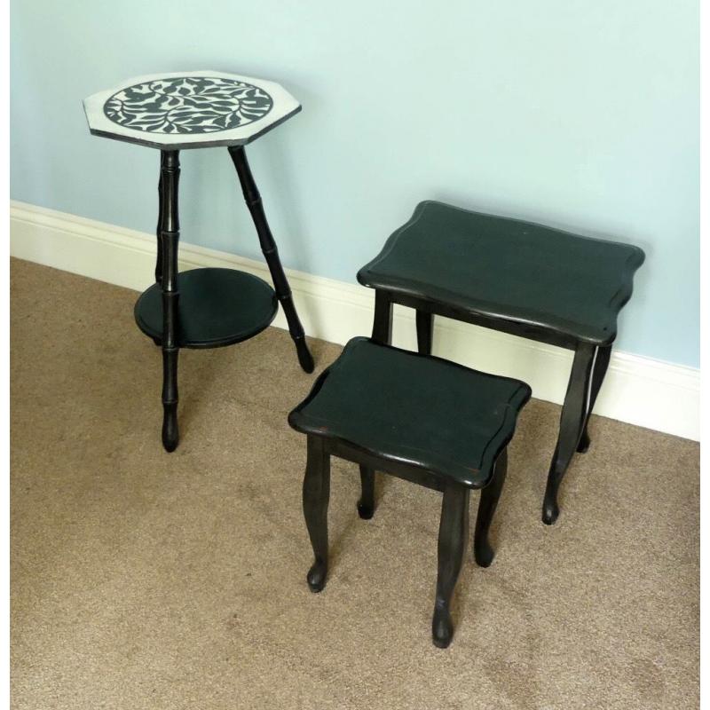Retro / Vintage Nest of Tables & Plant Stand (Black wooden)