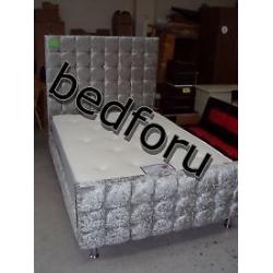 Cube Diamond Crush Velvet Silver Grey High Head Double Bed with Memory Foam Or Orthopedic Mattress.