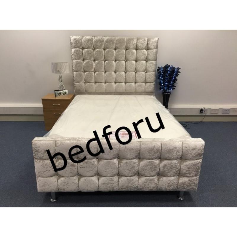 Cube Diamond Crush Velvet Silver Grey High Head Double Bed with Memory Foam Or Orthopedic Mattress.