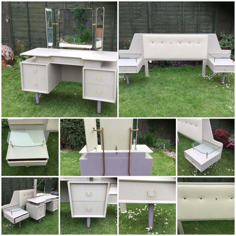 Bedroom G Plan dressing table & matching double headboard with side drawers and glass shelves set