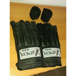 Punch bag and gloves wall mounted