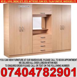 Fully Assembled 4 Door wardrob with Dresser, Mirror, Shelves, Rails BRAND NEW