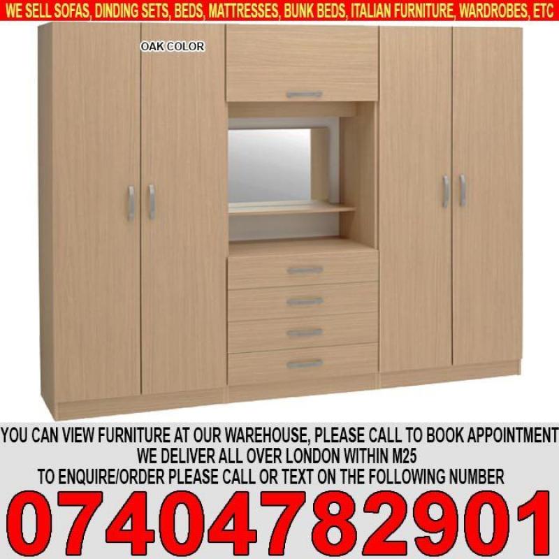 Fully Assembled 4 Door wardrob with Dresser, Mirror, Shelves, Rails BRAND NEW