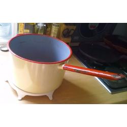 SET OF 3 VINTAGE ANTIQUE ENAMEL SAUCEPANS POTS, LONG HANDLE, GARDEN PLANTERS, SHABBY CHIC UPCYCLE