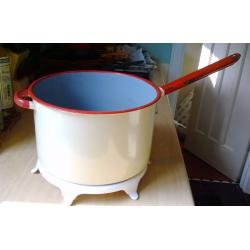 SET OF 3 VINTAGE ANTIQUE ENAMEL SAUCEPANS POTS, LONG HANDLE, GARDEN PLANTERS, SHABBY CHIC UPCYCLE