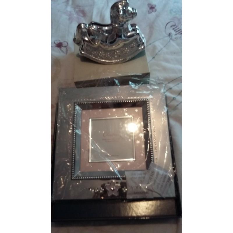 baby girl silver frame and horse moneybox