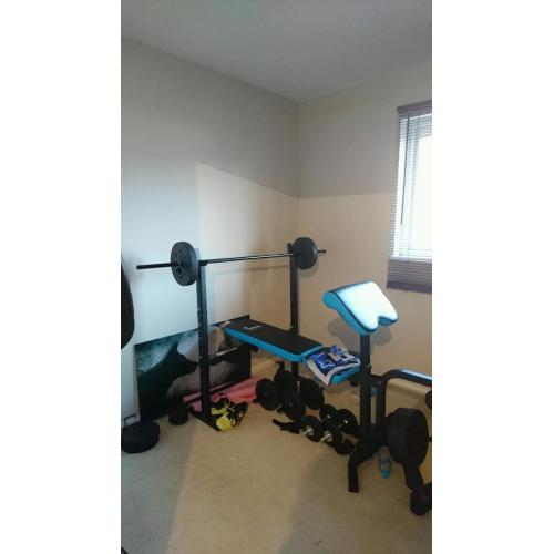 Weight bench with leg extension (35kg weights) and pull up bar