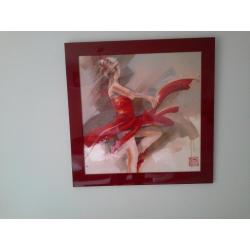 2 ballerina pictures for sale with red high gloss finish frames which are 2 foot 8 inch square