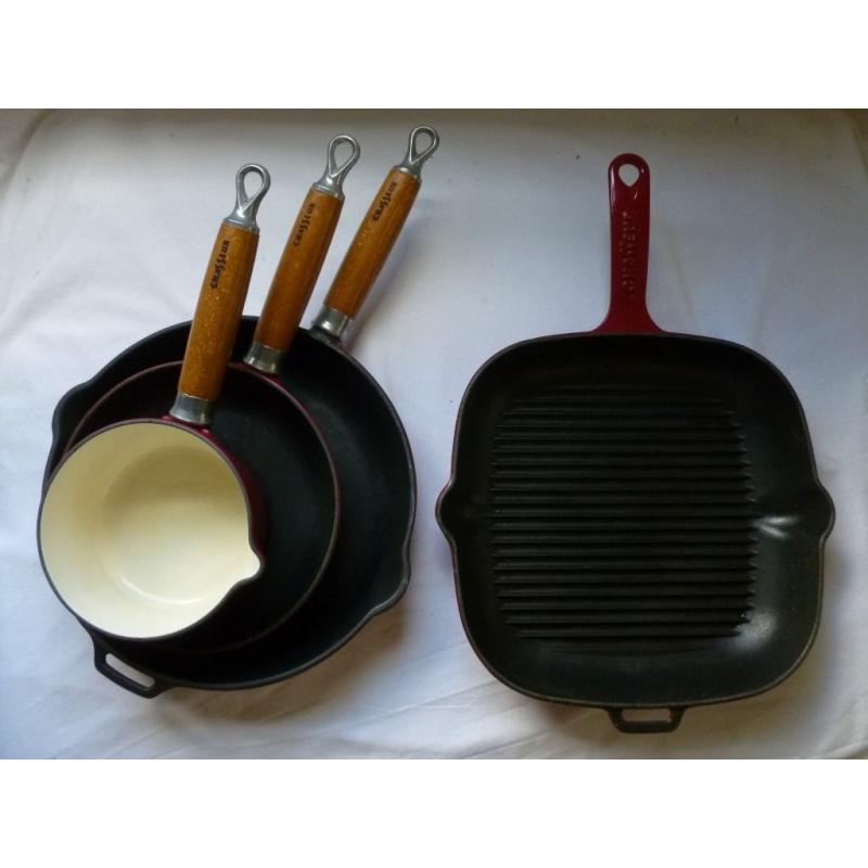 Chasseur Cast Iron Superior Quality Enameled Cookware Bundle : Milk Pan / x2 Frying Pans / Grill Pan