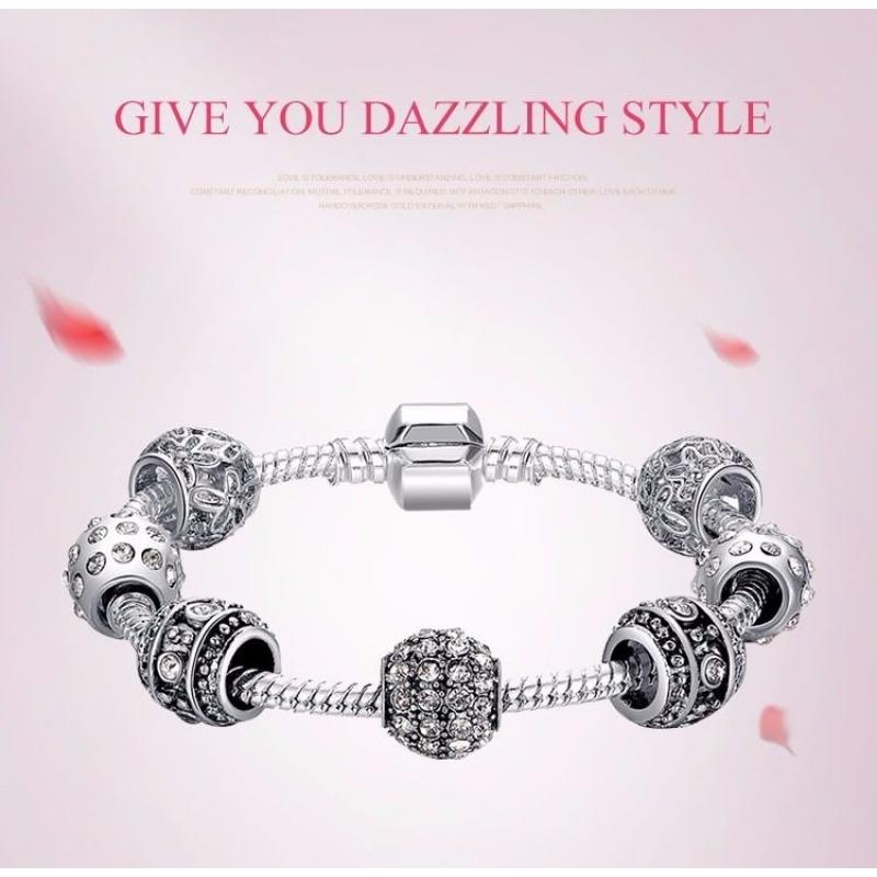 Charm bracelet silver & cubic zirconia style jewels & charms- not Pandora 20cm
