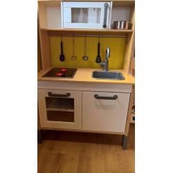 Ikea Duktig Play Kitchen with pots, utensils, play food, shopping basket and shop till