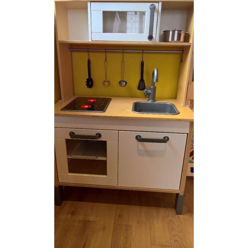 Ikea Duktig Play Kitchen with pots, utensils, play food, shopping basket and shop till