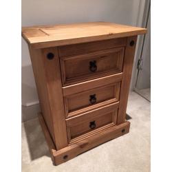Beautiful unpolished wooden three drawer bedside cabinet