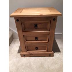 Beautiful unpolished wooden three drawer bedside cabinet