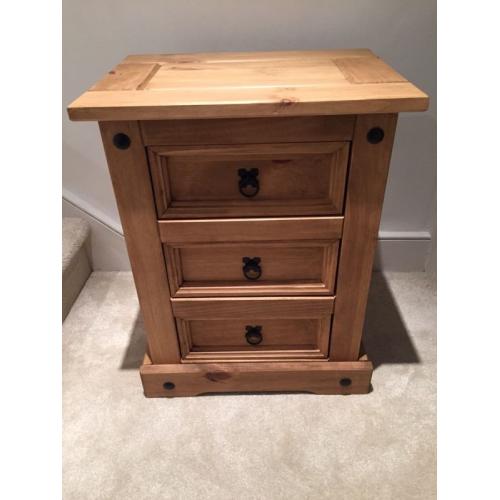 Beautiful unpolished wooden three drawer bedside cabinet