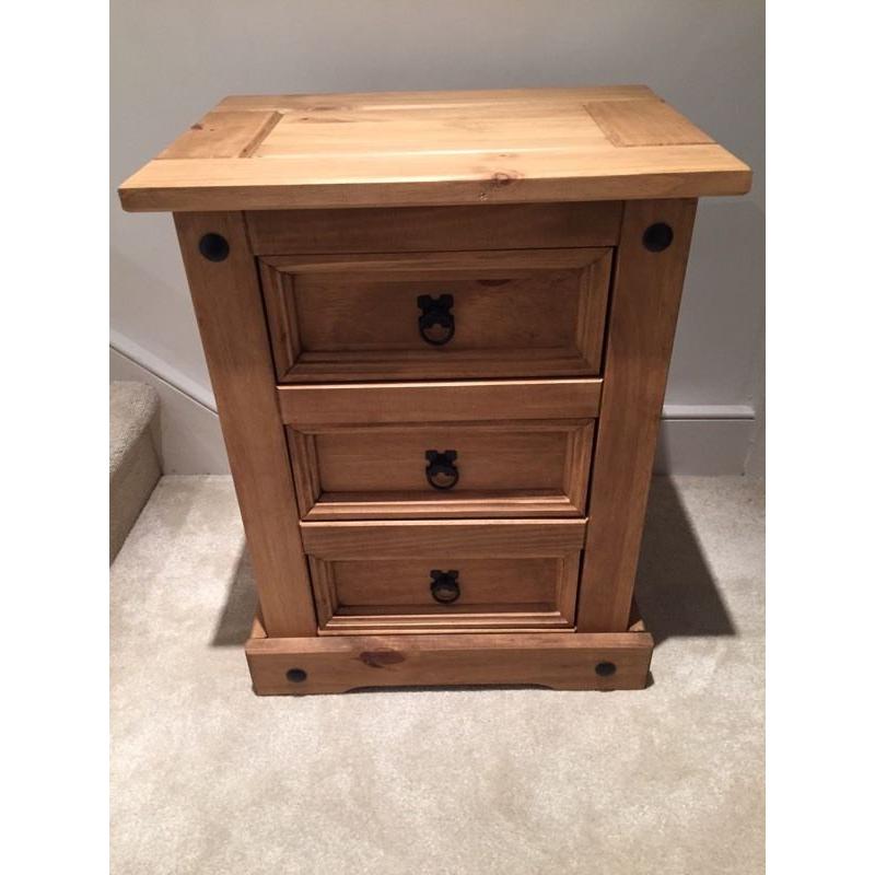 Beautiful unpolished wooden three drawer bedside cabinet