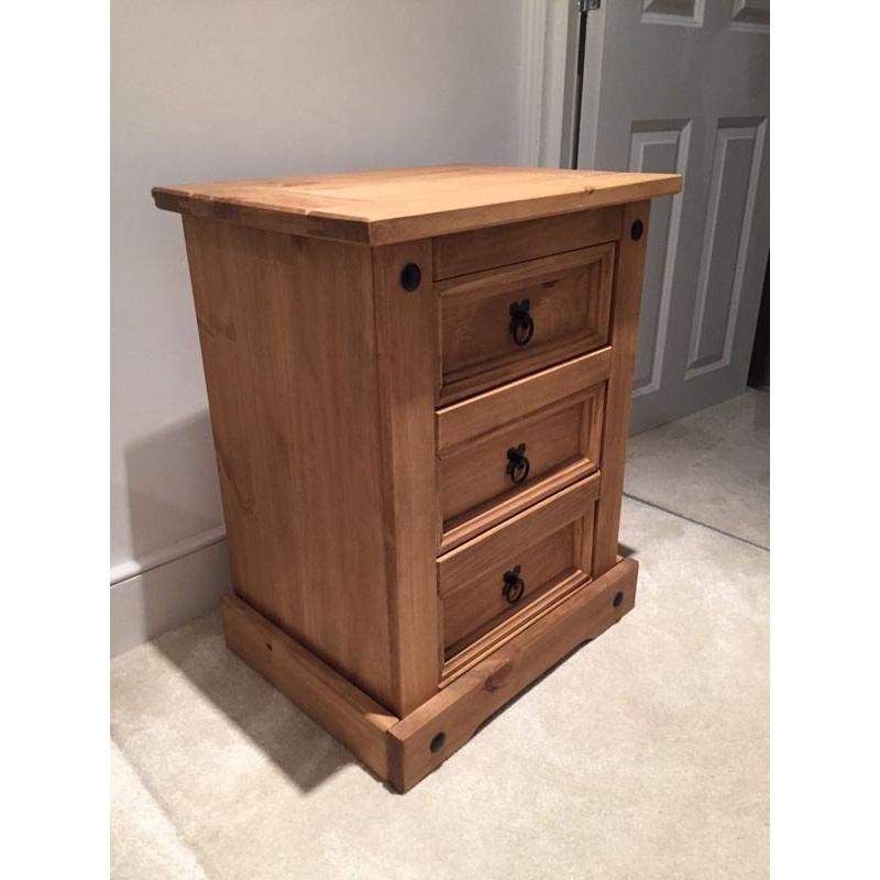 Beautiful unpolished wooden three drawer bedside cabinet