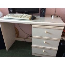 DRESSER, WHITE, GLASS TOP, CAN BE USED AS COMPUTER DESK OR DRESSING TABLE, GC, 3 DRAWERS.