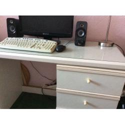 DRESSER, WHITE, GLASS TOP, CAN BE USED AS COMPUTER DESK OR DRESSING TABLE, GC, 3 DRAWERS.