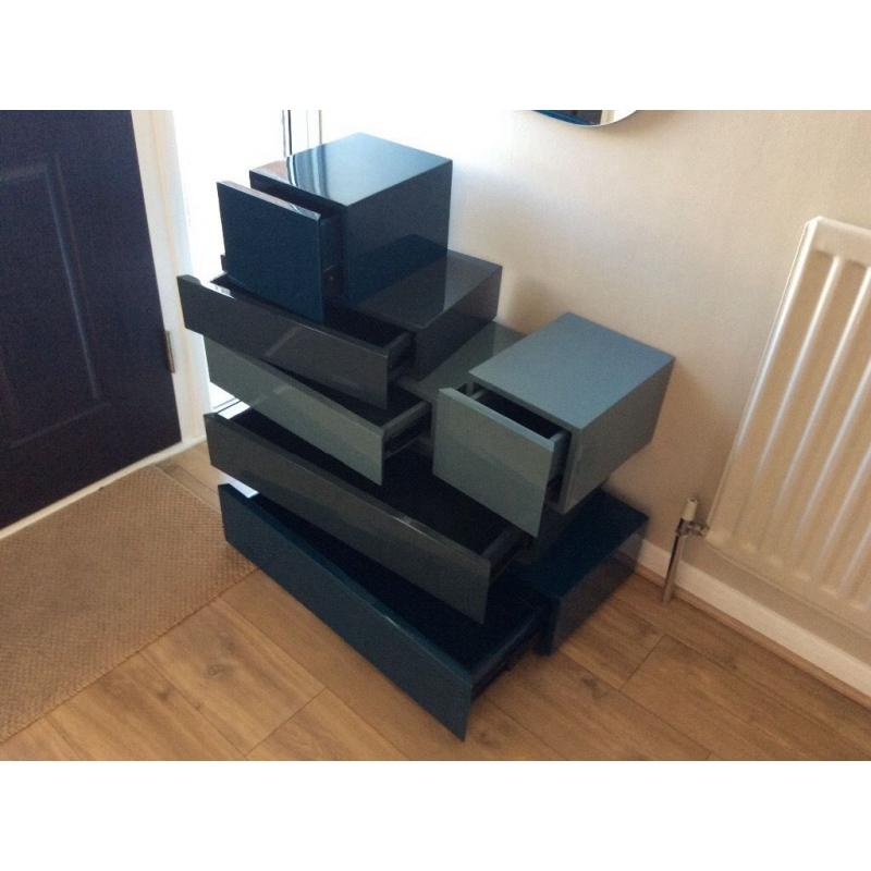 Contemporary grey and blue gloss chest of drawers