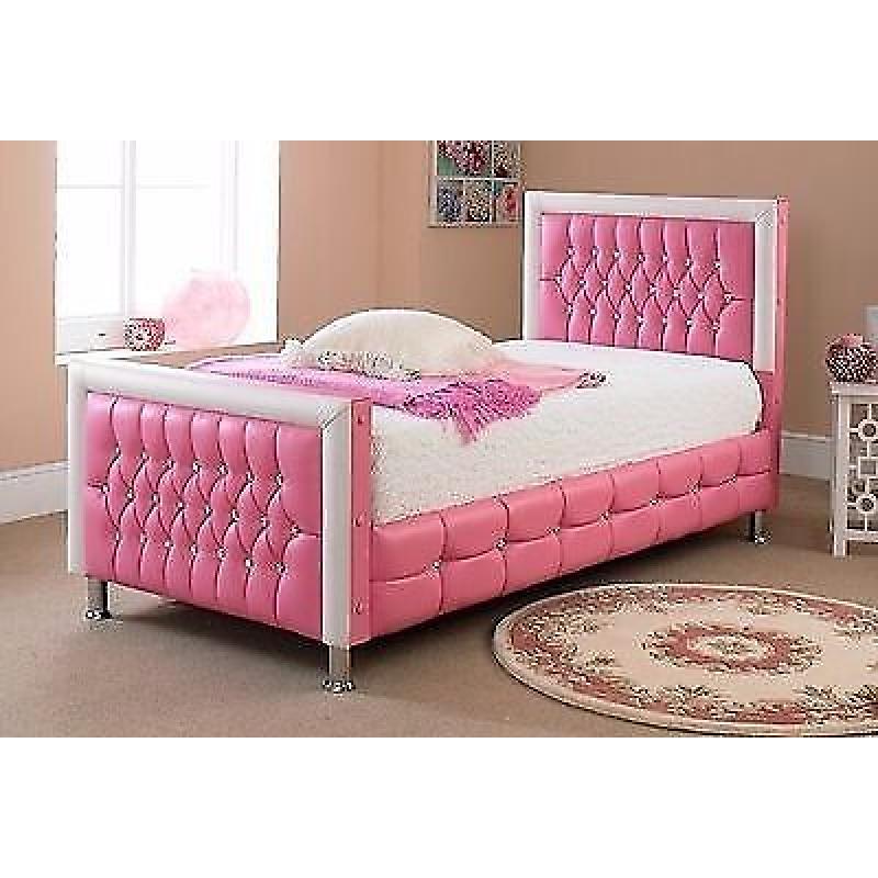 3FT Single Luxury Pink Princess Crystal Diamond Bed Extra Padding Faux Leather