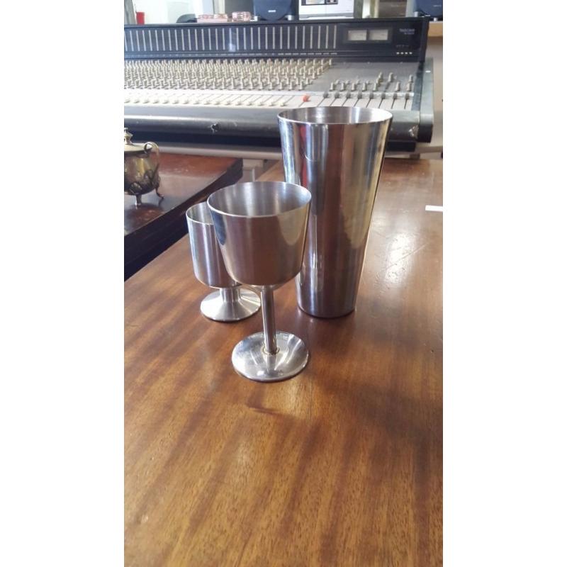 Two Silver Goblets and Cocktail Shaker
