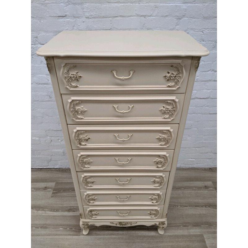 American Cream & Gilt Tallboy Chest Of Drawers (DELIVERY AVAILABLE)