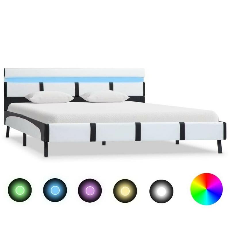 Bed Frame with LED White and Black Faux Leather 135x190 cm-280420