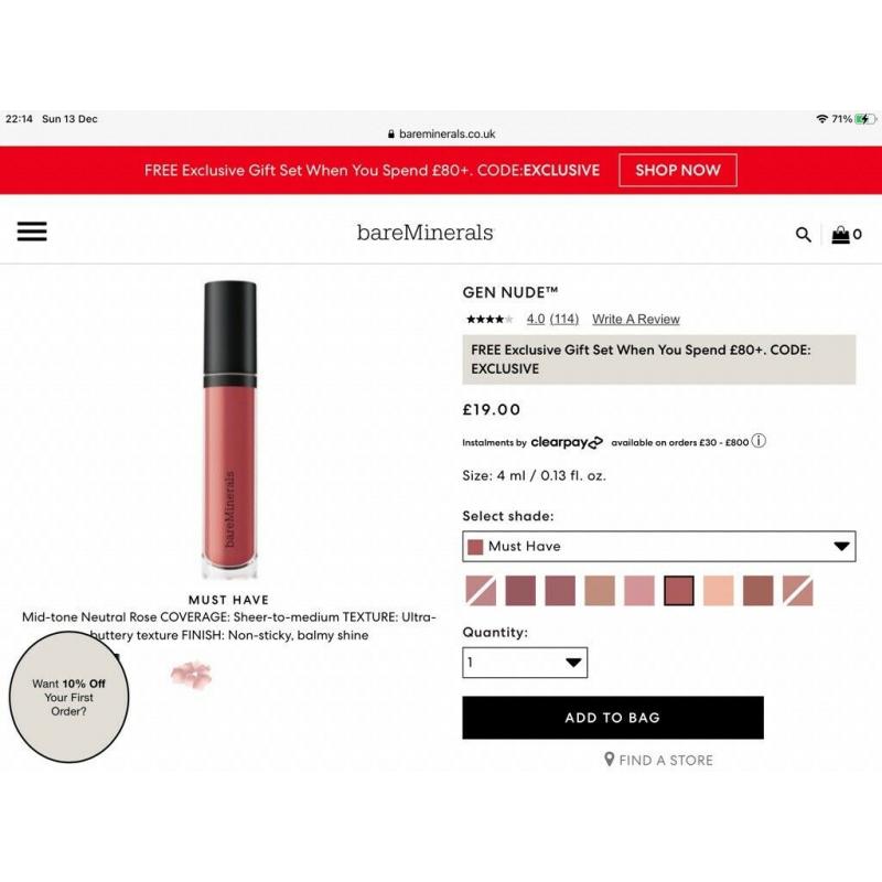 BareMinerals Gen-Nude Lipgloss in shade called Must Have