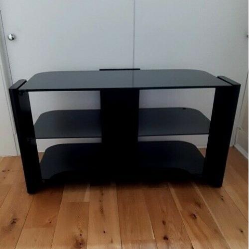 Stylish Black TV Stand with Black Glass Shelves